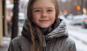 Oude conciërge geeft zijn jas aan een verkleumend meisje op straat