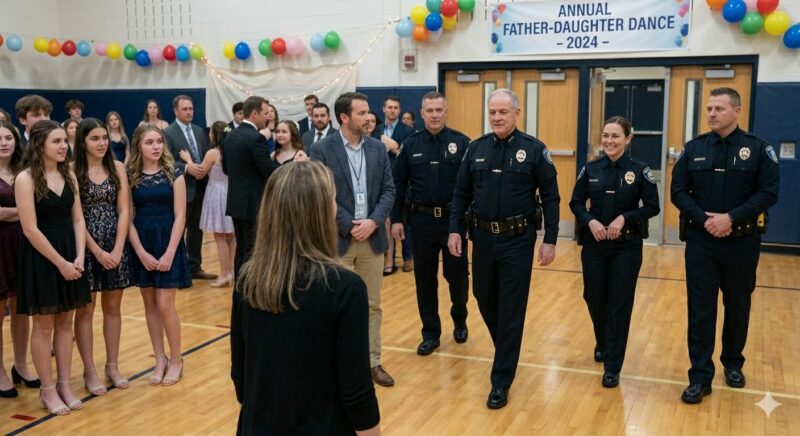 Nadat mijn man overleed, ging ik in zijn plaats naar het vader-dochter schoolfeest – De klasgenoten van mijn dochter lachten tot 5 agenten de zaal binnenkwamen.
