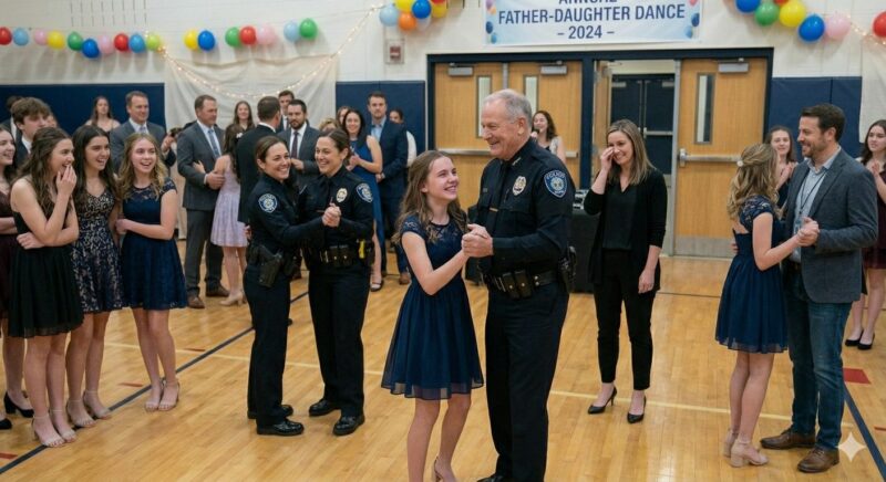 Nadat mijn man overleed, ging ik in zijn plaats naar het vader-dochter schoolfeest – De klasgenoten van mijn dochter lachten tot 5 agenten de zaal binnenkwamen.