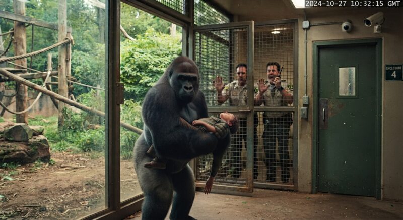 Een gorilla, bekend om haar agressieve gedrag tegen de hele wereld, schreeuwde plotseling om hulp nadat haar trainer plotseling het bewustzijn verloor tijdens een buikmassage