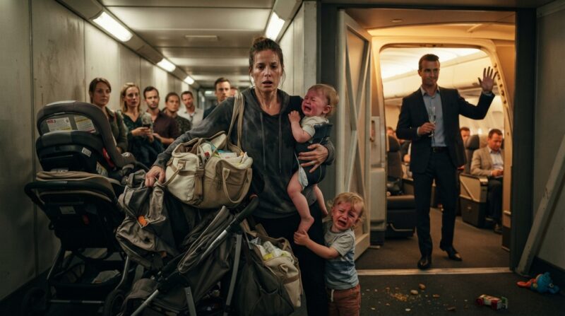 Mijn man heeft me stiekem naar de Business Class opgewaardeerd en mij met onze tweeling in de Economy Class achtergelaten – hij zag het karma niet aankomen.
