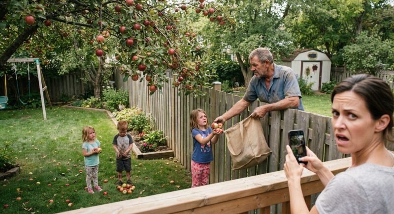 Mijn buurman dwong mijn kinderen om elke appel af te geven die in onze tuin viel – Ik liet de foto's aan mijn man zien, en hij bedacht een plan.