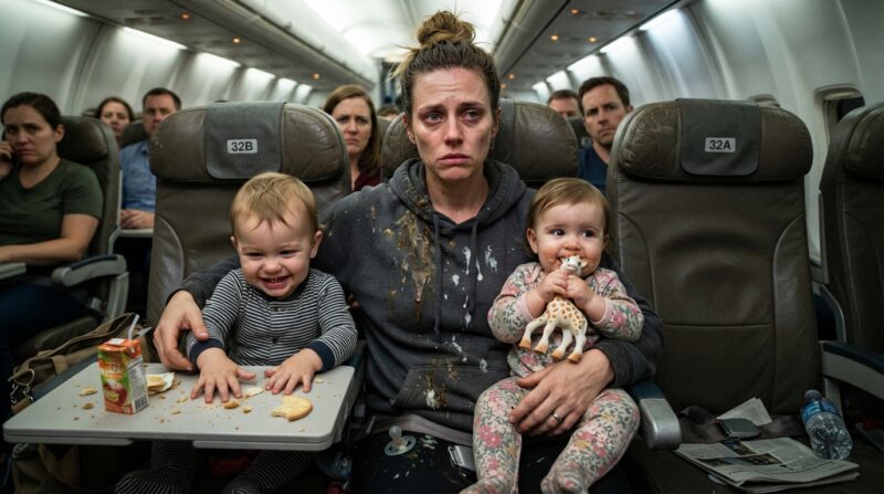 Mijn man heeft me stiekem naar de Business Class opgewaardeerd en mij met onze tweeling in de Economy Class achtergelaten – hij zag het karma niet aankomen.