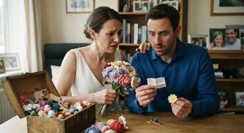 Ik maakte mijn bruidsboeket van stoffen bloemen die door mijn dochter waren gemaakt om haar te eren – Toen ontdekte mijn fians een briefje dat verborgen zat in een losgeraakte naad: „Je gelooft niet wat je dochter heeft geschreven.”